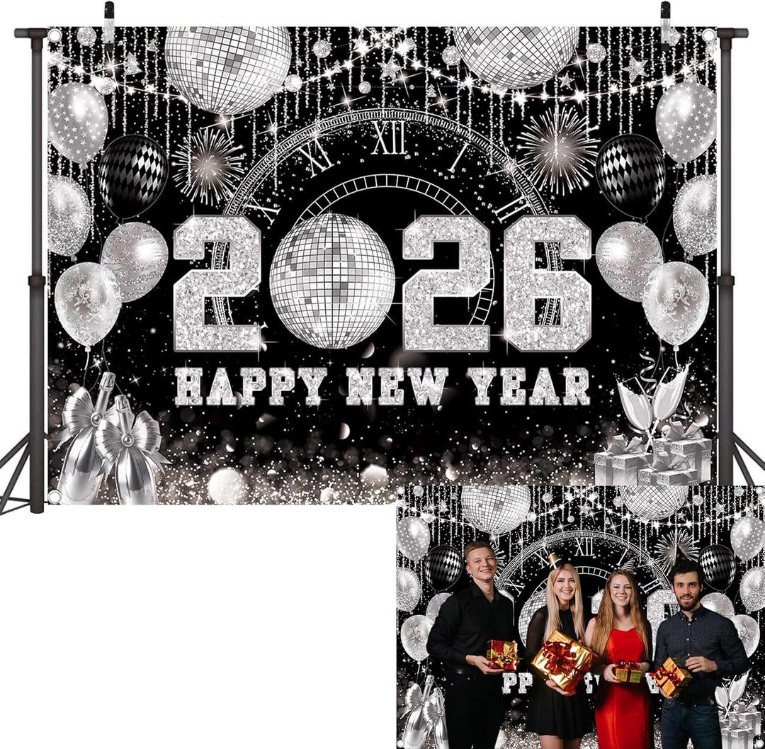 Happy New Year 2026 Black Silver Backdrop 2026 New Year Eve Countdown Photo Background Cheer to 2026 Party Decoration Banner Photo Supplies