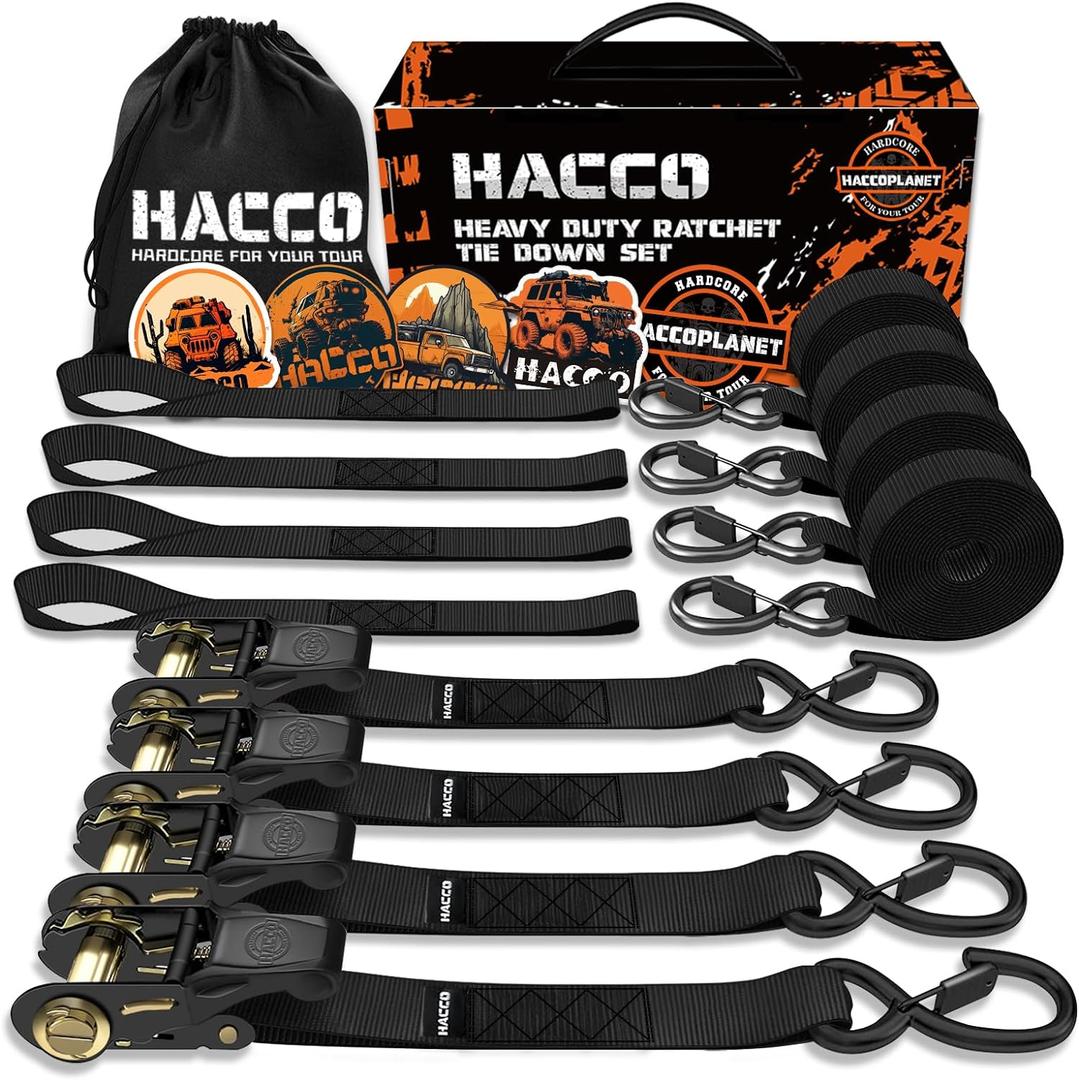 Ratchet Tie Down Straps, 2340lb Break Strength, 4pc 1inch x 16FT Tie Down Strap Set with Padded Handles & Coated S Hook W/Safety Clip, Cargo Strap Tie Down for Motorcycle, Truck (Black)