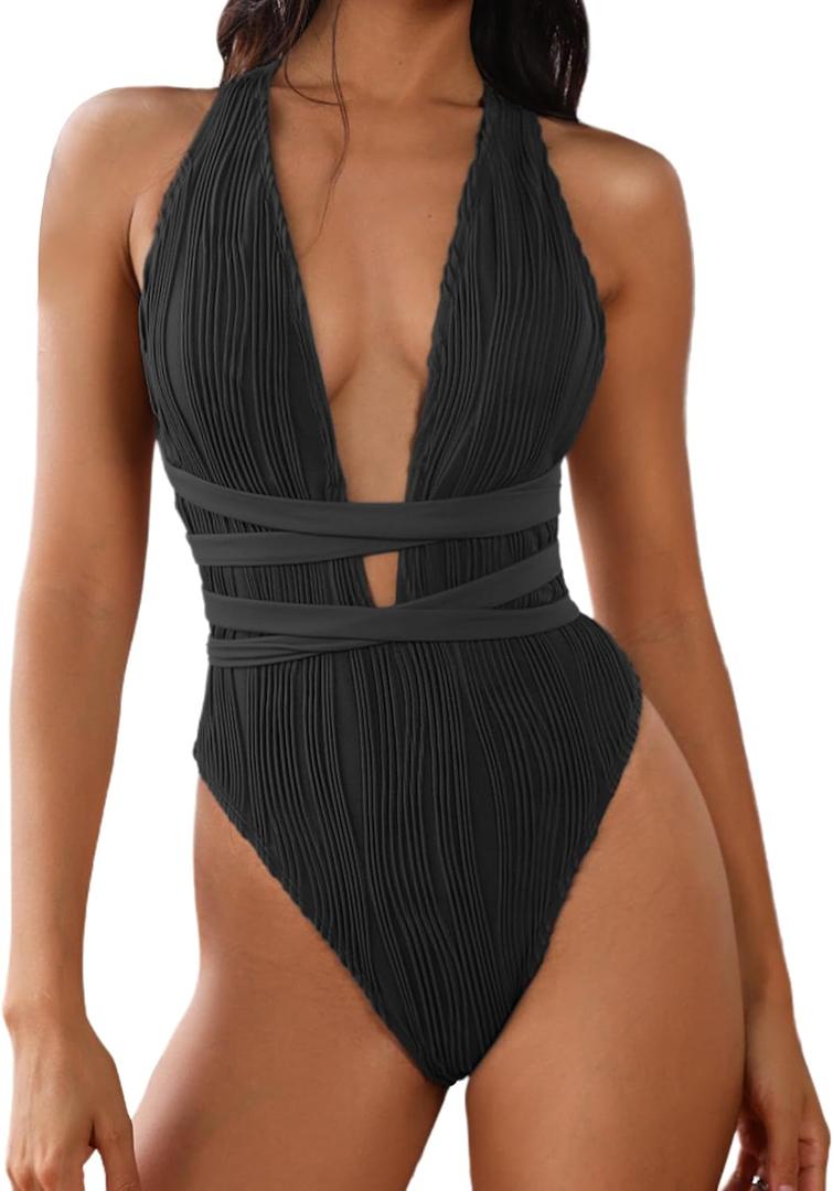 ZAFUL Women's One Piece Swimsuit Deep V Neck Ribbed Self Tie Sexy High Cut Bathing Suit Crisscross Back Swimwear (Black)