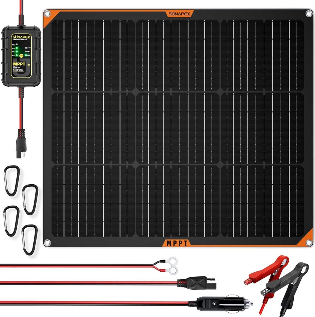 SUNAPEX 50W Flexible Solar Panel with MPPT Charge Controller, Solar Battery Charger Maintainer, 12V Waterproof Solar Trickle Charger for Car, Motorcycle, Boat, Marine, RV, Trailer, Tractor,Truck, etc (Black)