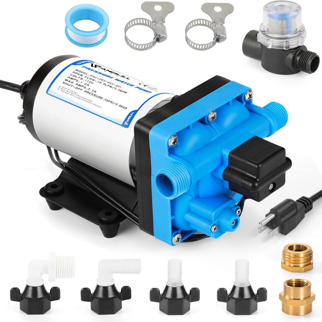 Anbull Self Priming Water Pump 110V 5.0GPM 55PSI, Industrial Water Pressure Diaphragm Pump with 3/4" Garden Hose Adapters for Liquid Transfer, Marine, Agriculture Applications