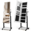 White MDF Jewelry Cabinet Armoire Mirror 3-Color 46 LED Lights, Adjustable Height, Wheels