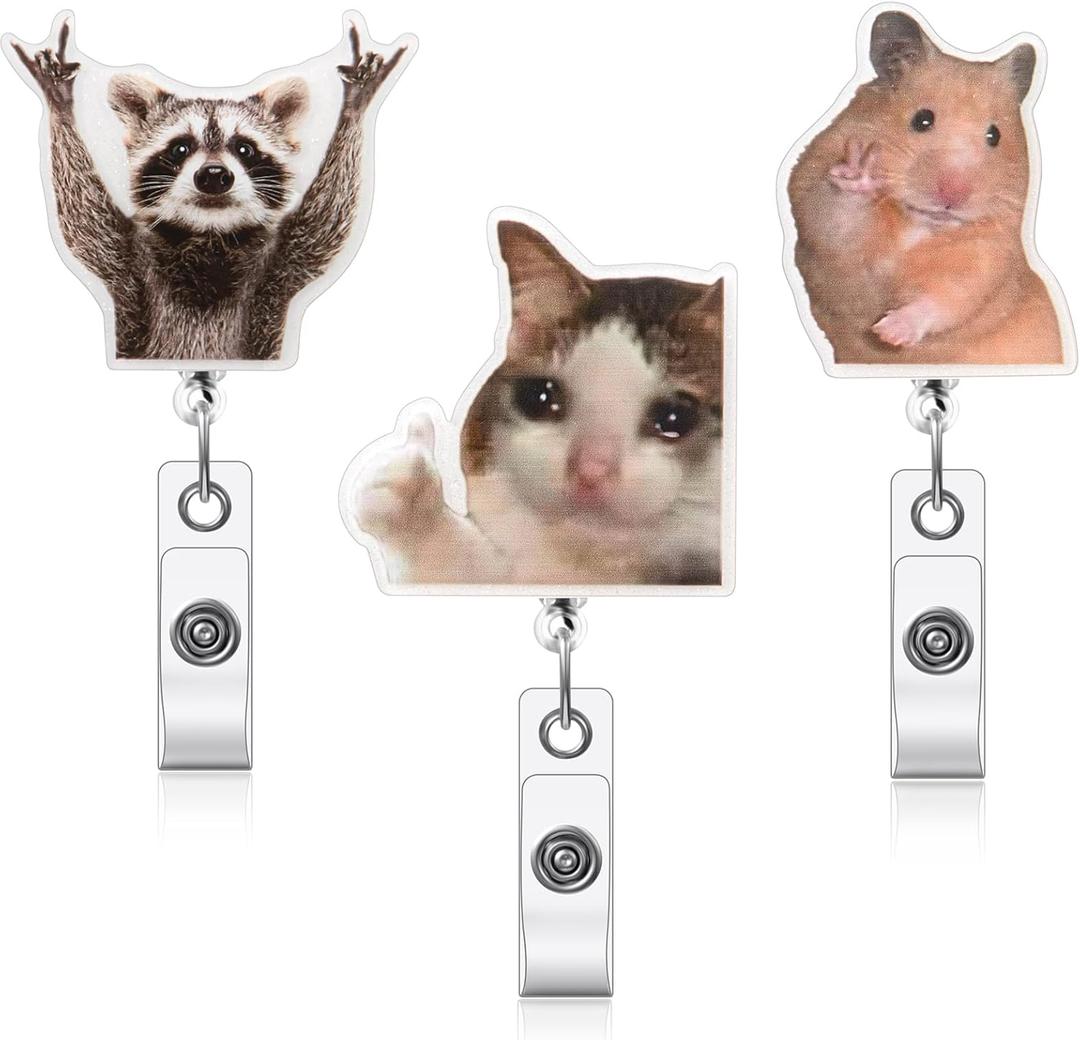 Vicenpal 3 Pcs Funny Badge Reel Raccoon Hamster Cat Badge Reel Cute Retractable Funny Clip Holder with Clip Durable Nylon Cord Gift for Nurse Doctor Office Worker ID Card Decor