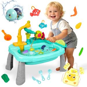 Mini Water Table for Toddler 1-3, Kids Play Sink with Running Water, Outdoor Toys for Kids Ages 4-8 with 360 Electric Faucet, Floating Fishing Game, Sensory Activity Kitchen Toy for Boys Girls