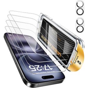 UNBREAKcable for iPhone 16 Plus Screen Protector 4+2 Pack [9H+ Military-Grade Shatterproof] [Effortless Bubble-Free Installation] Ultra HD Clarity Tempered Glass with Lens Protector, Case friendly