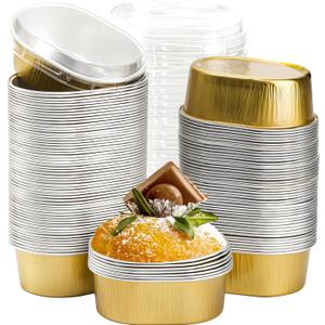 Dicunoy 100 Pack Mini Aluminum Baking Cups with Lids, 3 OZ Disposable Ramekins Muffin Liners Containers, Individual Pie Tin Cup for Dessert, Creme Brulee, Pudding, Cupcake