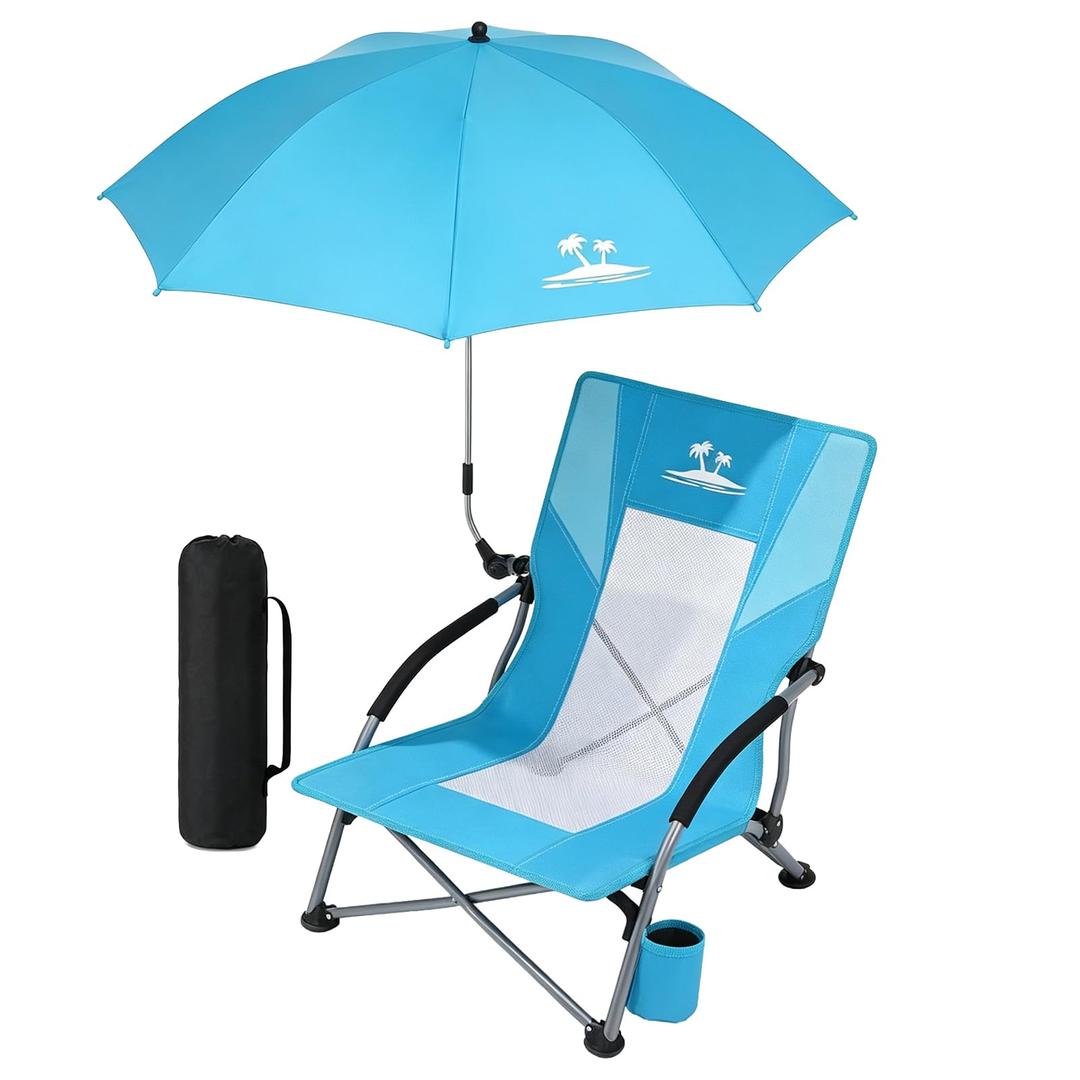 2PCS Folding Beach Chair with Umbrella, Low Profile Portable Sand Chair for Adults, Breathable Mesh Beach Seat with Cup Holder, Heavy Duty Lightweight Camping Chair for Travel, Ocean Blue