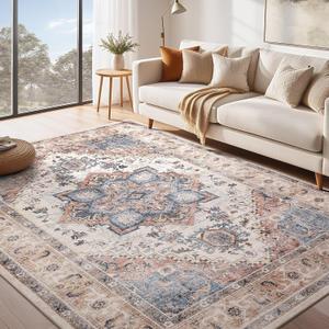 Washable Rug 9x12 Area Rugs: Boho Vintage Distressed Oriental Medallion Neutral Thin Large Rug Carpet for Living Room Bedroom Dining Room Home Office Decor - Camel
