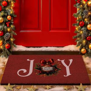 Lanpn Christmas Welcome Natural Coir Door Mat, Christmas Ball Coco Front Door Outdoor Doormat Outside Entrance Porch Non Slip Rubber Rug Winter Xmas Farmhouse Decor (Red, 30x17 inch)