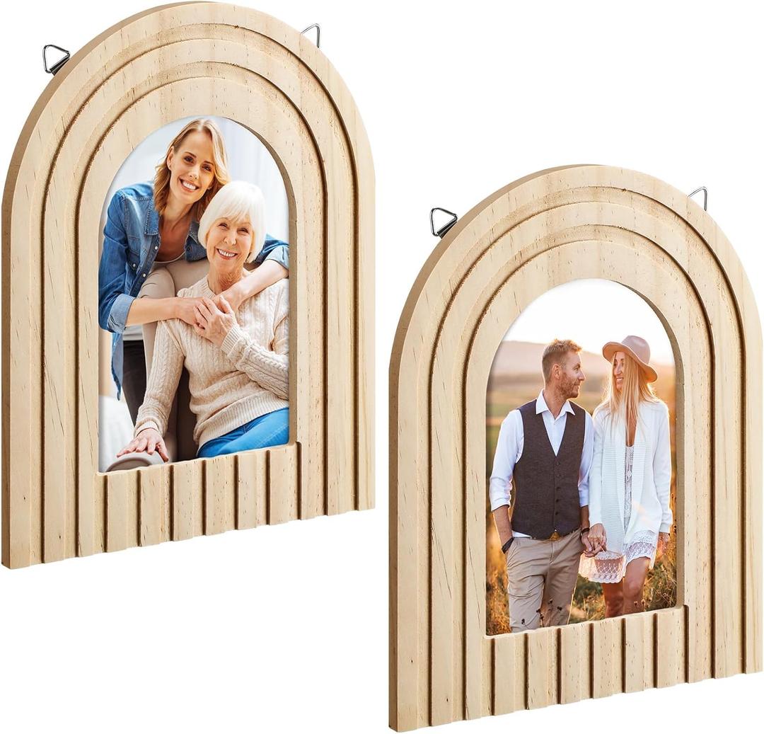 Pinkunn Set of 2 Boho Wood Wall Hanging Photo Frame Home Decor Arched Picture Frame Acrylic Panels Vertical Gradient Modern Postcard for House Office(5 x 7 Inch,Wood Color)