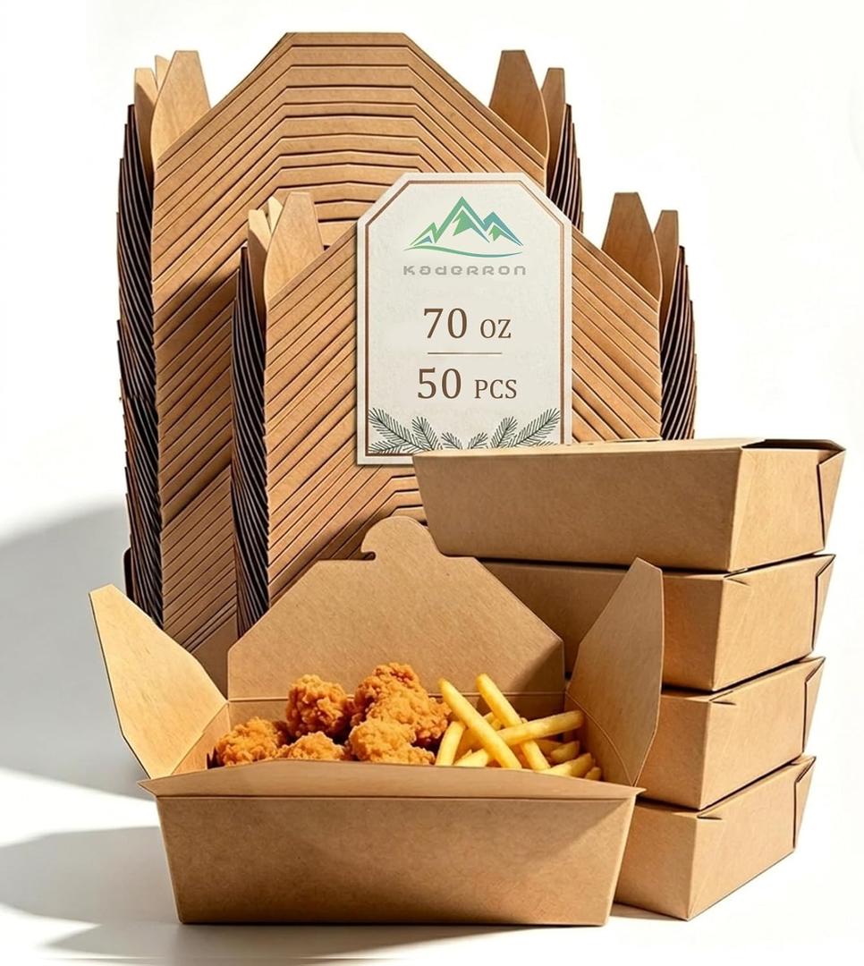 Kaderron 70Oz 50Pcs Disposable Take Out Food Containers, Brown Food Boxes To Go Kraft Paper Takeout Box Microwaveble and Refrigerator Safe(70OZ-50PACK)