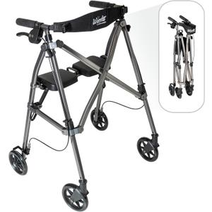 Stander Space Saver Rollator, Lightweight Folding Rolling Walker with Seat for Seniors & Adults, 4-Wheel Mobility Aid with 6-inch Wheels, Locking Brakes & Padded Seat with Backrest, Black Walnut