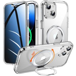 Privacy Case for iPhone 13/iPhone 14 with 360Stand [Built-in Anti Peeping Screen Protector] [Compatible with MagSafe] [Magnetic Ring ] Full Body Protective Phone Cover 6.1", Clear