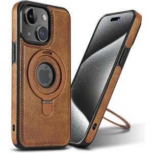 Magnetic for iPhone 14/13 Leather Case,Invisible Stand [Compatible with Magsafe] Slim Kickstand Phone Cove (Brown, iPhone 14/13)