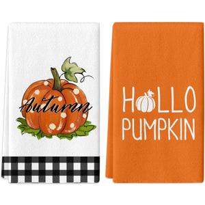 Hello Autumn Hand Towels Set 2 PCS, Buffalo Plaid Pumpkins, Thanksgiving Bathroom Decorative Soft Absorbent for Bathroom Home Hotel Gym Spa Yoga Beach 17"x26" (Orange)
