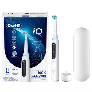 OralB iO Series 5 Rechargeable Electric Toothbrush with Visible Pressure Sensor to Protect Gums, 2 Minute Timer, 5 Cleaning Settings, 1 Replacement Toothbrush Heads, and Travel Case, White