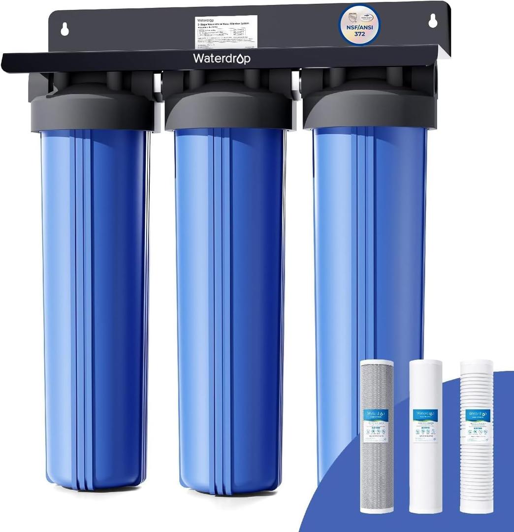 Waterdrop 3-Stage Whole House Water Filter System, with Carbon Filter& Sediment Filter,7-Stage Filtration Highly Reduce Lead, Chlorine, Odor and Taste, 5 Micron WHF3T-PG,1" Inlet/Outlet