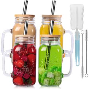 Yirilan 4 Pack 24Oz Mason jar cups with lids and straws, Mason Jars with Handle, Mason Jar Drinking Glasses with Lid and Straw, Mason Jar Mugs (4 Count (Pack of 1))
