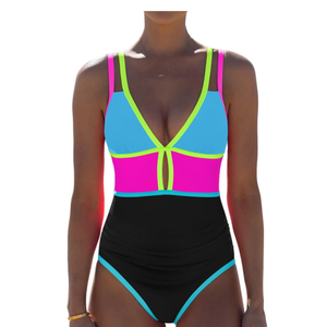 popvil Women One Piece Swimsuit 2025 Tummy Control Sexy Cutout Neon Color Block Bathing Suit Deep V Neck Adjustable Swimwear, Size: L