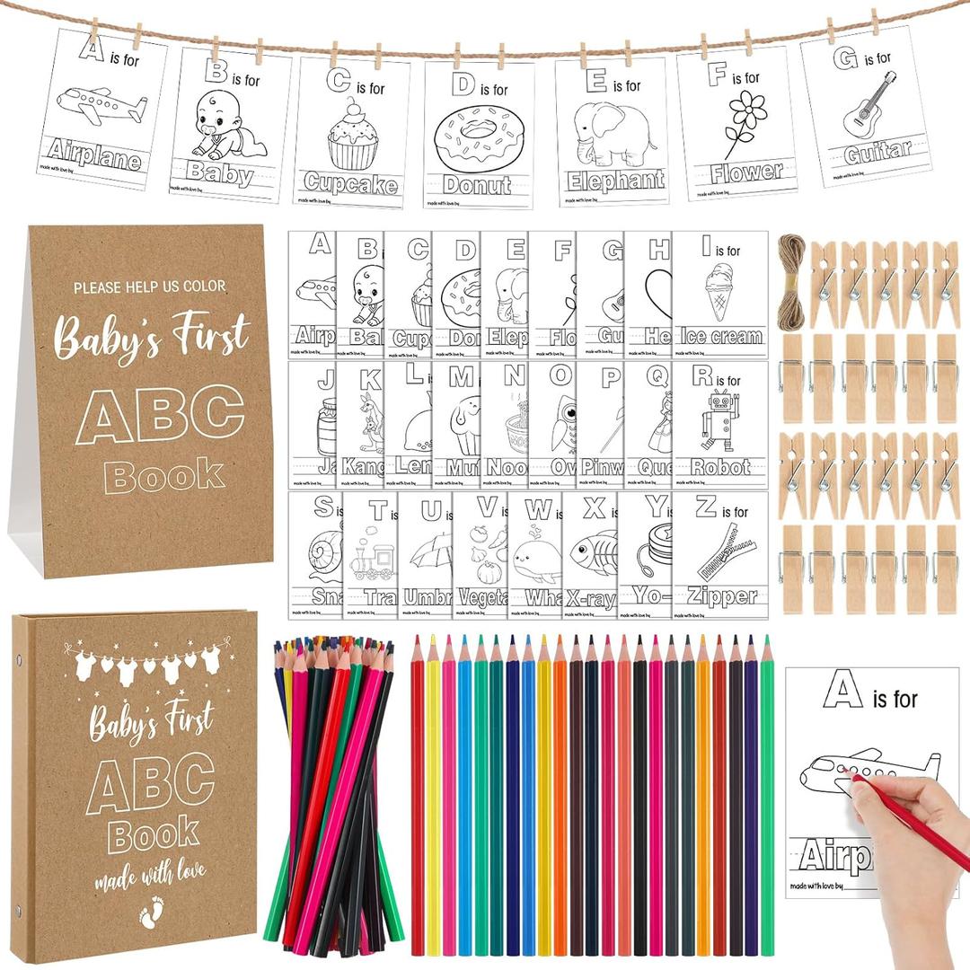 Kraft Paper First ABC Book Baby Shower Activity Keepsake for Adult Baby Shower ABC Coloring Guest Book Alternative 26 Alphabet a to Z Coloring Card with 24 Pencils 60 Clothespins