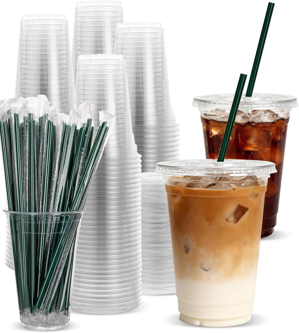 Goodluck 100 Pack 16oz Plastic Cups with Lids and Green Straws, Clear Disposable Iced Coffee Cups, Food Safe Cold Drink Cups for Bubble Tea, Smoothies & Shakes, BPA Free