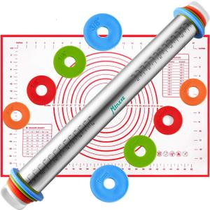 Rolling Pin and Silicone Baking Pastry Mat Set, Stainless Steel Dough Roller, Rolling Pins with Adjustable Thickness Rings, for Baking Fondant, Pizza, Pie, Pastries, Pasta, Cookies