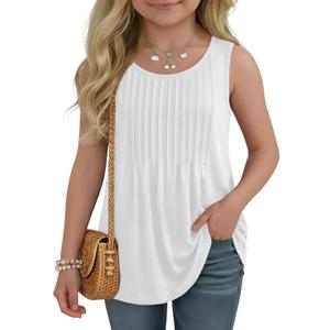 Ficerd Girls' Tank Tops Kids Summer Sleeveless Tunic Pleated Loose Shirt Dressy Crew Neck Casual Cute Blouses 5-14 Years (White)