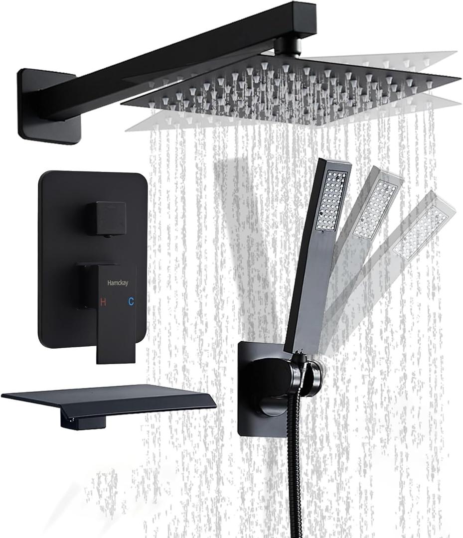 12 Inch Matte Black Shower System with Tub Spout, Shower Faucet Set with Rain Shower Head and Handheld 3-Setting, Waterfall Bathtub Spout Rainfall Shower Combo Set for Bathroom Wall Mounted
