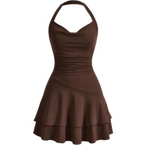 SOLY HUX Cute Halter Mini Dresses for Women Summer Sexy Club Party Backless Short Sundress (Medium, Chocolate Brown)