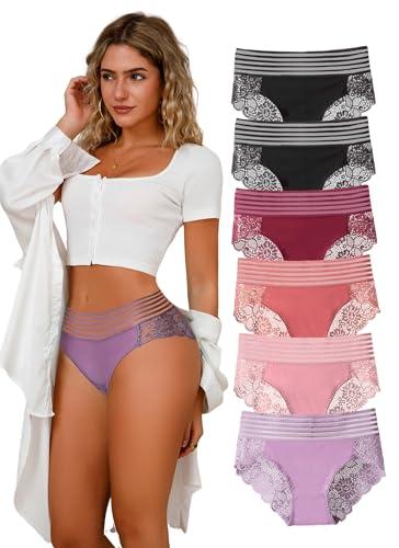 Cinvik Lace Hipster Panties No Show Sexy Curvy High Waisted Lacy Underwear for Women 6 Pack M