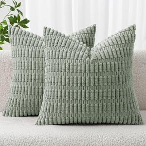 MIULEE Pack of 2 Spring Corduroy Decorative Euro Sham Throw Pillow Covers 24x24 Inch Soft Boho Striped Pillow Covers Modern Farmhouse Home Decor for Summer Sofa Living Room Couch Bed Greyish Green