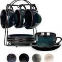 SIDUCAL Espresso Cups Set of 4 [8oz] Porcelain Coffee Cups with Saucers and Holder,Latte Cups- Latte Art Cup - Microwave/Dishwasher Safe,Espresso Demitasse Cups(Blue and Green)