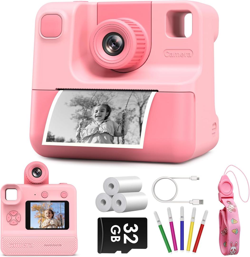 Kids Camera Instant Print, Christmas Birthday Gifts for Toddle Girls Boys Age 3-12, 24MP & 1080P Selfie Digital Camera with 3 Roll no-Ink Print Paper 32G SD Card