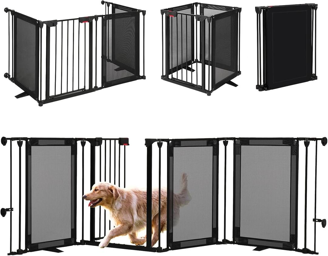 CRUDATE Freestanding Dog Gate, 100" Extra Wide Pet Gate with Auto-Close Door, Foldable Grip-Resistant Dog Fence for Indoor/Outdoor, 29" Tall Pet Barrier for Stairs/Doorways/Fireplace (4 Panels, Black)