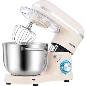 Aucma Stand Mixer,6.5-QT 660W 6-Speed Tilt-Head Food Mixer, Kitchen Electric Mixer with Dough Hook, Wire Whip & Beater (Almond Cream, 6.5QT)