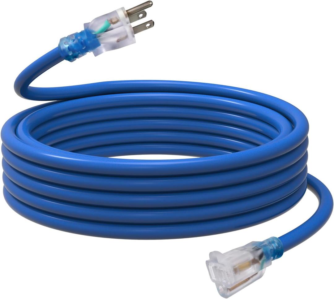 EP 25 Ft Outdoor Extension Cord, 12/3 SJTW Heavy Duty Waterproof Power Cable, 3 Prong Grounded Plug, Lighted End, for Lawn, Garden, Appliances, Blue (25ft)