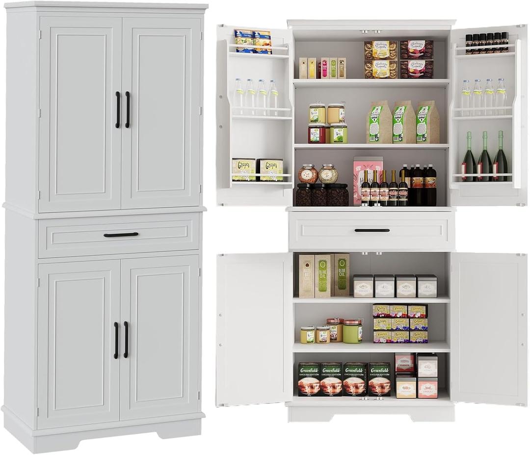 72 Inch High Kitchen Pantry Storage Cabinet, Cupboard Storage Cabinet with 1 Drawer, 2 Cabinets, 3 Adjustable Shelves, 4 Door Shelves, Freestanding Cupboard for Dining Room Living Room, Kitchen (White)