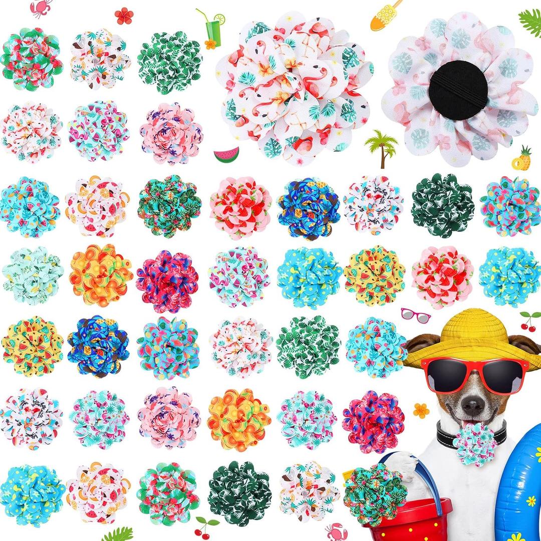 Hillban 80 Pieces Dog Collar Flowers Hawaiian Summer Dog Flowers Charms Grooming Accessories Collar Set Bow Tie for Puppy Cat Attachment Embellishment
