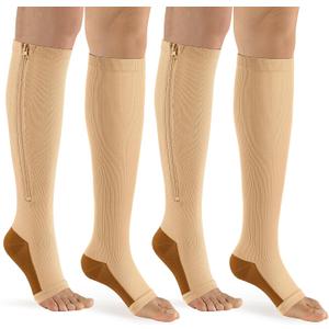 bropite Zipper Compression Socks Women & Men - 2Pairs Calf Knee High 15-20mmHg Open Toe Compression Stocking suit for Walking (Large-X-Large)