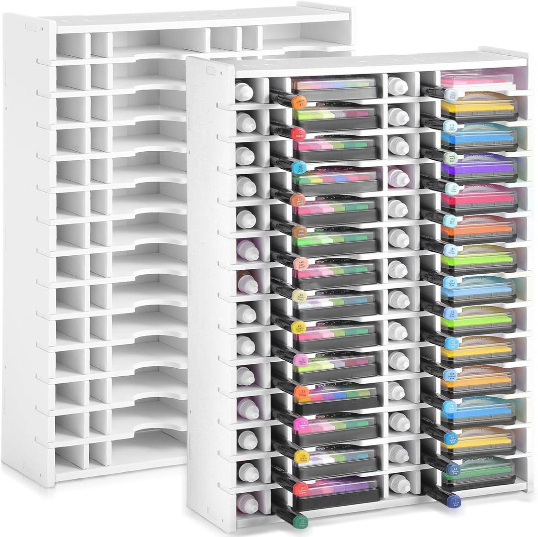 2 Packs Ink Pad Combo Storage Rack, 28 Grids Stamp Pad and 28 Refill, 28 Grids Markers, Diamond Painting Tray Rack Stamp Organizer Holder for Desktop Wall-mounted Craft Supply