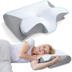 HOMCA Memory Foam Cervical Pillow, 2 in 1 Ergonomic Contour Orthopedic Pillow for Neck Pain, Contoured Support Pillows for Side Back Stomach Sleepers (Grey)