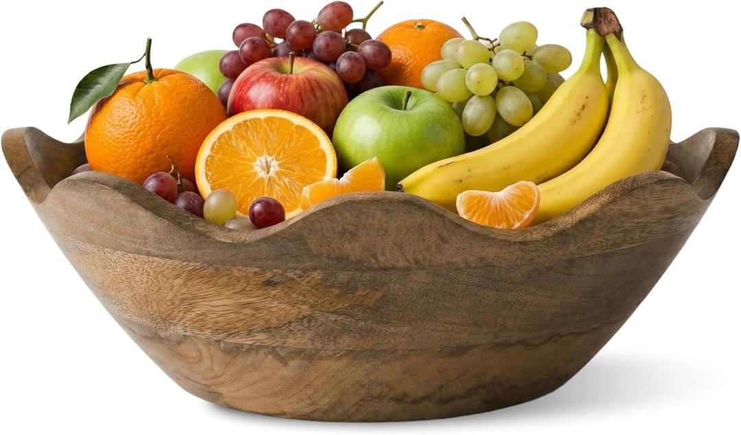 Mela Artisans 12-Inch Mango Wood Scalloped Bowl - Hand-Finished Decorative Serving and Fruit Bowl with Natural Grain for Kitchen Counter, Snacks, Desserts, Bread and Home Decor Centerpiece