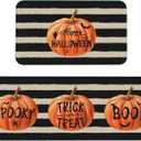 Happy Halloween Pumpkin Kitchen Mat Sets of 2 Orange Black Striped Kitchen Rugs for Floor Home Decor Holiday Decoration Low-Profile Mats,17x29 and 17x47 Inch