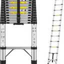 12FT Telescoping Stainless Steel Anti-Wobble Extension Ladder, 330lbs Heavy Duty Collapsible Ladder, One-Button Slow Retraction Portable Folding Ladder for Home, Attic, RV
