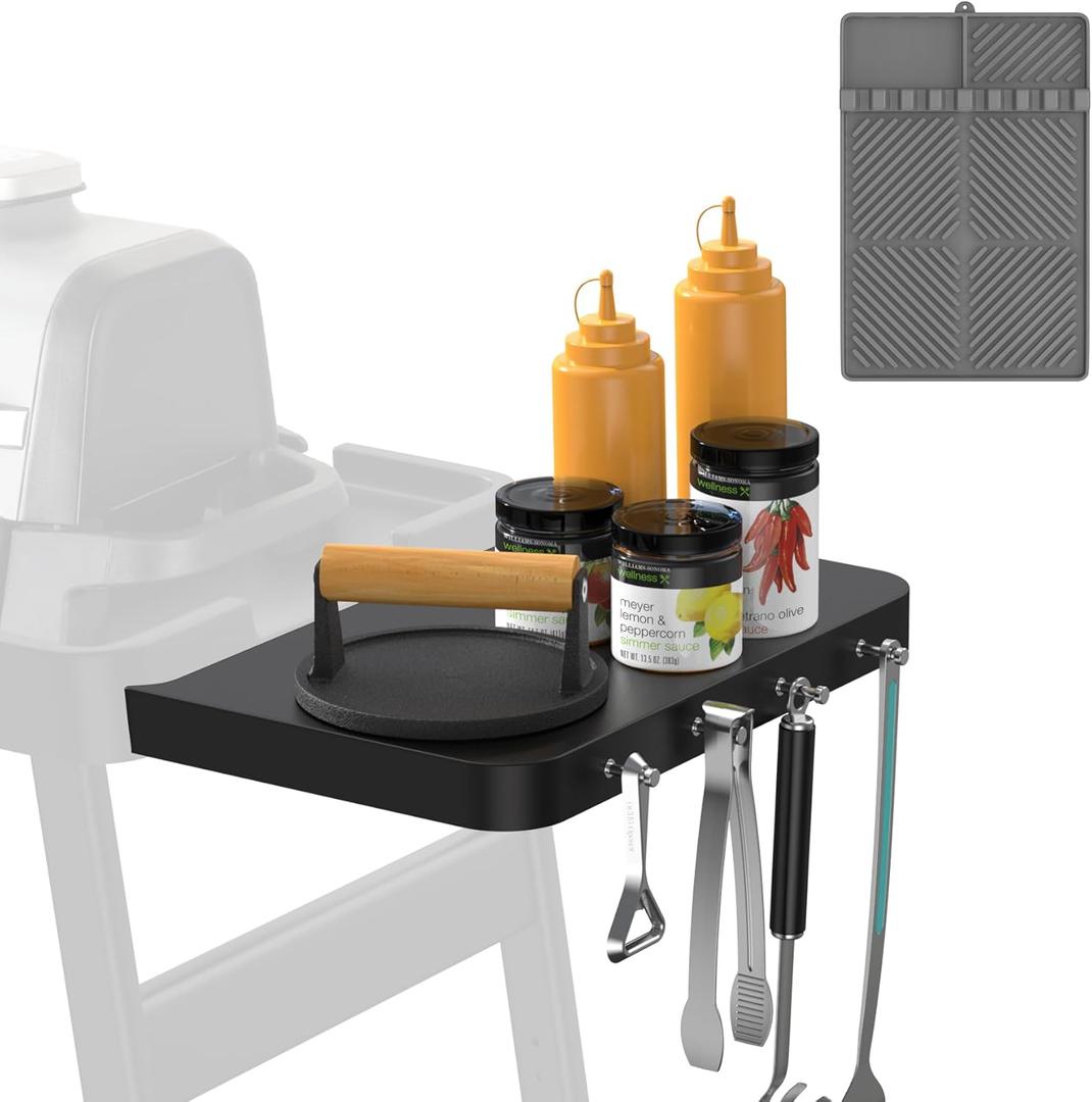 AJinTeby Attachable Table for Ninja Grill Stand, XSKUSSDTBL Side Table for Ninja Woodfire XSKUNSTAND Outdoor Grill Stand, Side Utensil Holder with Silicone Grill Tool Mat for Ninja Grill Table