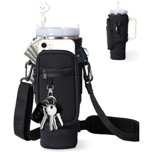 dabria Water Bottle Carrier Bag with Phone Pocket for Stanley 40/30 oz Tumbler Neoprene Water Bottle Holder Pouch with Adjustable Strap Bollus with Straw Cover for Stanley Cup Accessories (Black)