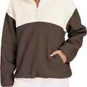 Womens Colorblock Fleece Jacket Half Zip Mockneck Sherpa Pullover Hiking Outdoor Sweatshirts with Pockets (Small, Coffee)