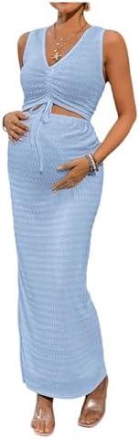 Milumia Women's Maternity 2 Piece Outfits Textured Drawstring Tie Knot Tank Top Bodycon Maxi Skirt Sets, Large