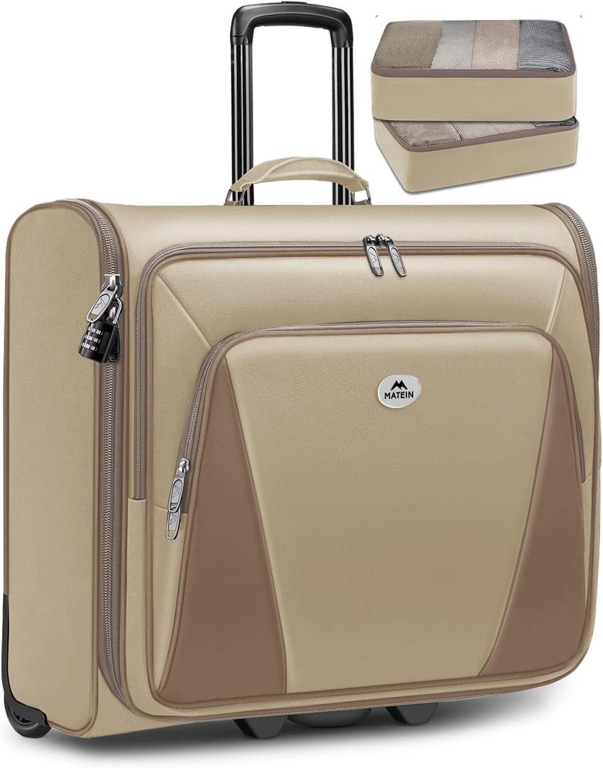 MATEIN Garment Bag with Wheels, Large Wheeled Garment Bags for Hanging Clothes with 2 Packing Cubes, Foldable Softside Travel Suit Carrier for Women, Business Suitcase Luggage Fits 17" Laptop, Khaki
