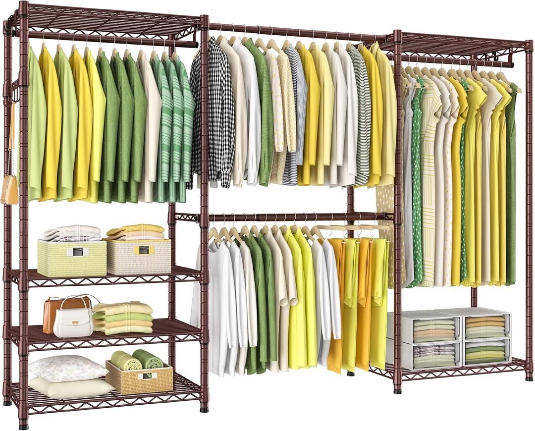 Ulif E1 Heavy Duty Closet Garment Rack, 6 Tiers Adjustable Metal Freestanding Expandable Clothing Storage with 4 Hanger Rods, Easy to Assemble Wardrobe, 71.4" H x (70" - 88.2") L x 14" D, Bronze